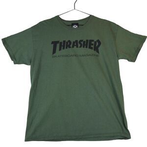 Vintage Y2K Thrasher Skateboarding Olive Tee Shirt Grunge Men's L *Read*